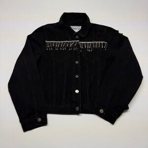 🟡 Between Us Black Distressed Denim Jacket Rhinestone Fringe Embellished Large